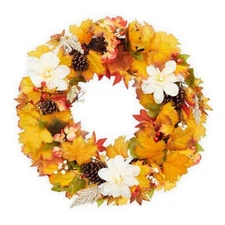 24 Inch Fall Front Door Wreath Decorations, with Pinecone, Maple Leaf, White 