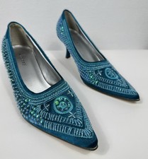 Audrey Beaded Satin Kitten Heel Pumps Teal Sequin Embellished Pointed Toe Size 9