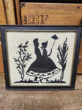 Vtg Cross Stitch Victorian Couple Silhouette Completed  Framed Under Glass