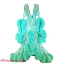 Women's Sheer Sleepwear Nightwear Robes Artificial Feather Trim Dresses New