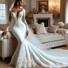 Luxurious Long Sleeves Mermaid Wedding Dresses Lace Appliques White Bridal Gowns
