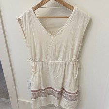 Women's Boho Cream Tunic Dress with Striped Hem