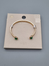 M&S 14K Gold Plated Cuff Bracelet Green Real Stone NWOT F2