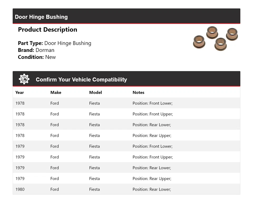 For 1978-1980 Ford Fiesta Dorman Door Hinge Bushing 1979 - Image 2 of 4