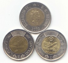 Canada 2003  2017 2024 Toonie Canadian 2 Dollar $2 Two Dollar Exact Set -3 Coins