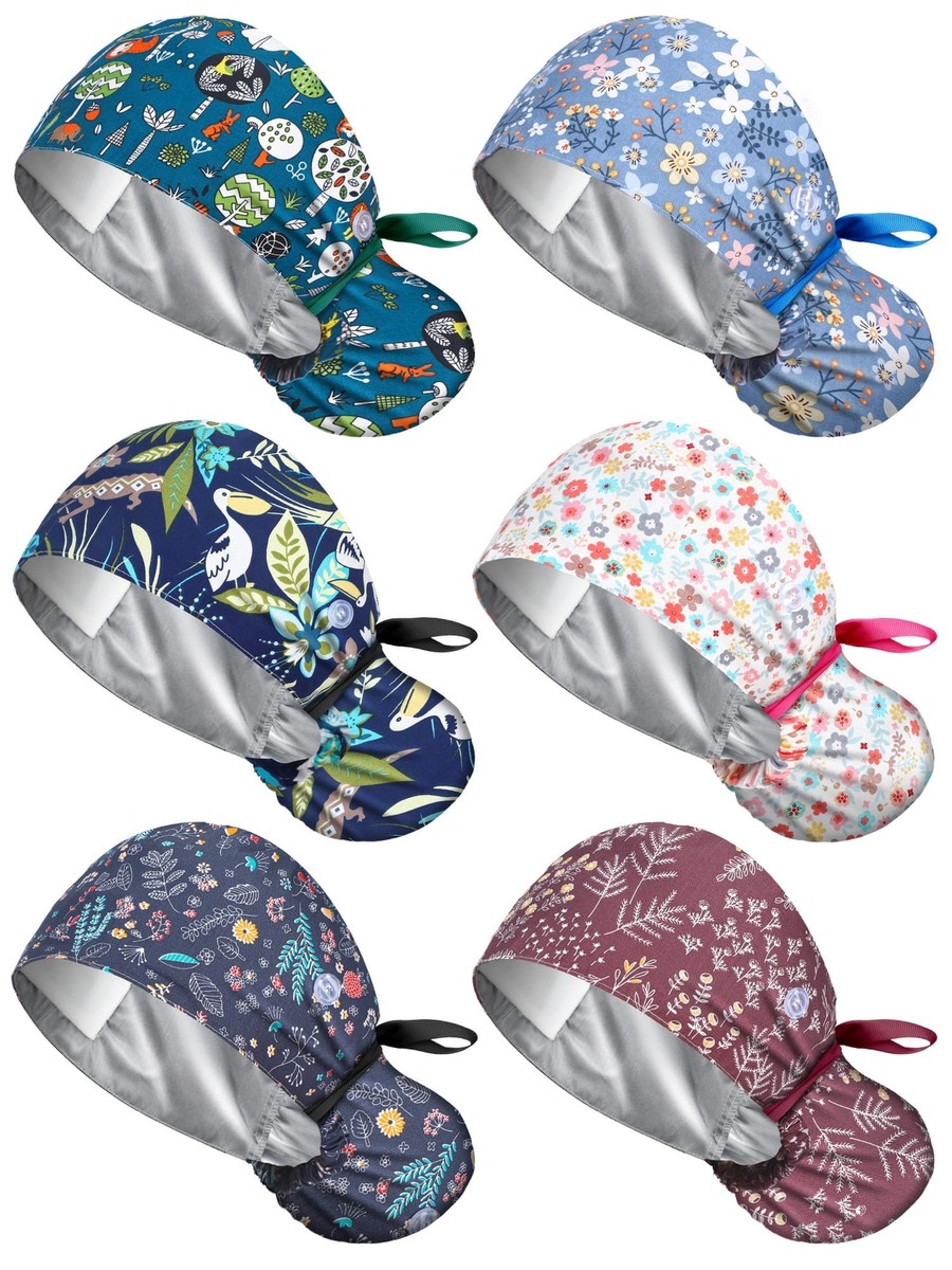 6 Pcs Satin Lined Scrub Caps Women Nurse Surgical Hat with  display picture 2
