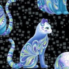 BERNARTEX FABRIC- CAT-I-TUDE SINGING THE BLUES -ALL OVER CATS ON BLACK- 1  1/2 Y