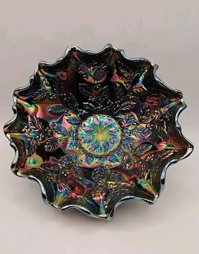 Fenton Black Amethyst Iridescent Carnival Glass Holly Berry Ruffled 8 1/4" Bowl