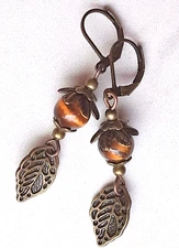 TIGER EYE with LEAF dangle earring BRONZE handcrafted LEVERBACK XGE