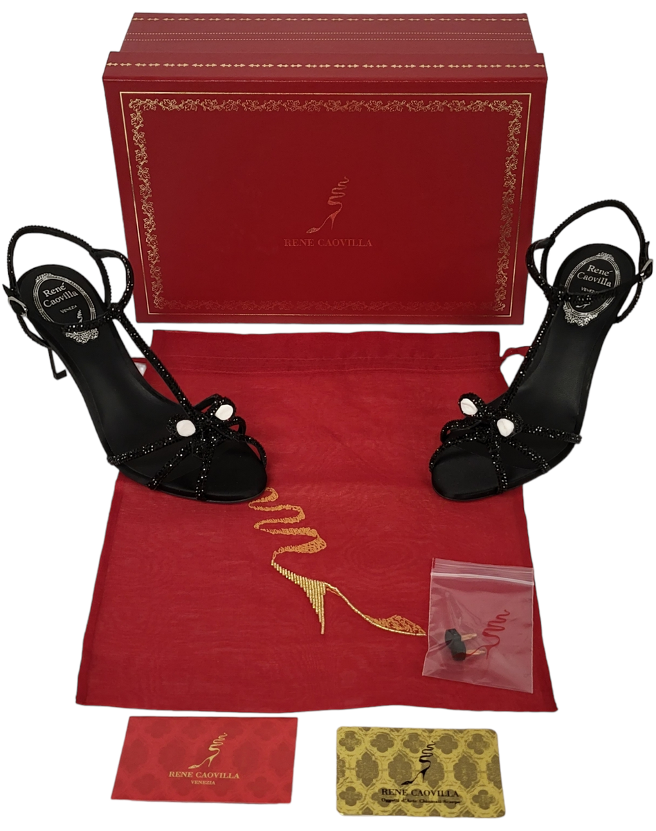 Rene Caovilla Caterina Black Satin Embellished High-Heel Sandals
