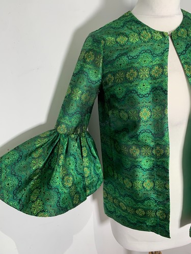 Poesia Chris Chang jacket duster top 2 Uk 6 8 VGC pattern print emerald green - Picture 4 of 8