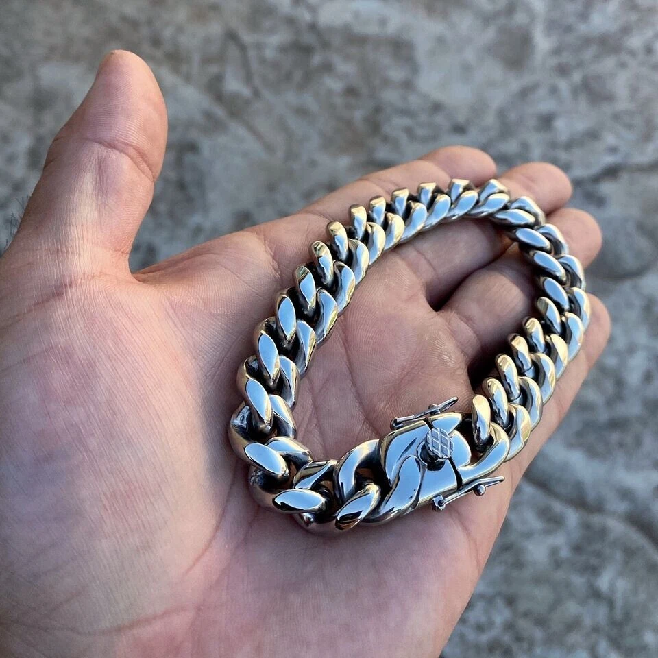 Pulsera de eslabones cubanos Miami para hombre de plata de ley 925 pesada 14 mm 7,5"-9,5" pulgadas Foto 3 de 4