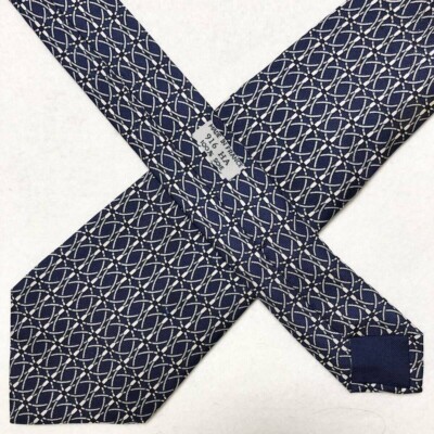 HERMES Neck tie Silk Blue Logo japan seller N1112 07 business Made