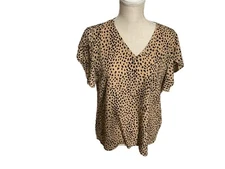 SHEIN Animal Print Blouse V-Neck Ruffle Short Sleeve Top Size L Pull Over Style