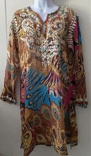 RAJ tunic top Peacock Print embroidered long sleeve cotton Side Slits Sz M?