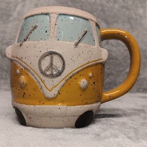 VW Volkswagon Bus Shaped Coffee Mug Cup Peace Sign Stoneware and Orange 20 oz