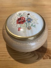 Vintage Maple Wood Turned Trinket Dish with Embroidered Flower Lid. Superb Item.