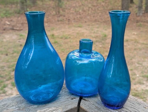 Vintage MCM BLENKO Glass Turquoise Joel Myers Era 3 Vases Need to be Cleaned