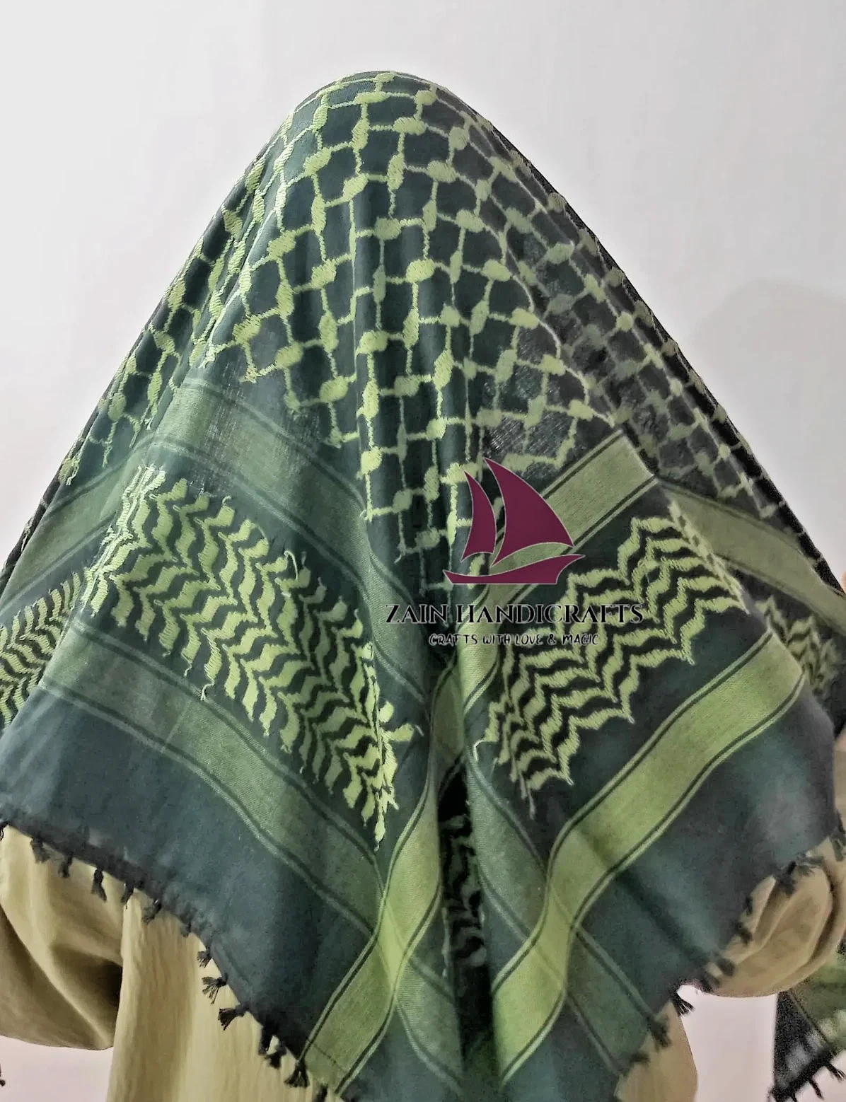 ZAIN Green & Black Palestine Keffiyeh Scarf: Traditional Arab Shemagh cotton sca
