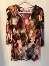 Attitudes by Renee Women Multicolor Watercolor VNeck 3/4 Sleeve Tunic Festive S
