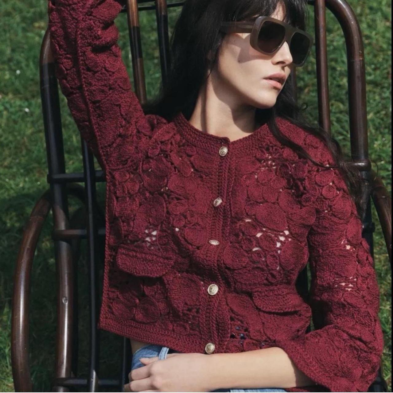 ZARA NWT $99 WOMAN SS25 KNIT MACRAME CARDIGAN BURGUNDY | 1957/001 thumbnail 2