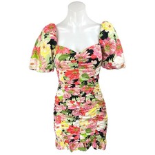 Zara Multicolor Floral Short Puff Sleeve Ruched Ruffle Mini Bodycon Dress Sz XS