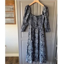 Reformation Rosamund Snakeskin Print Smocked Square Neck Midi Dress,Blue White,M