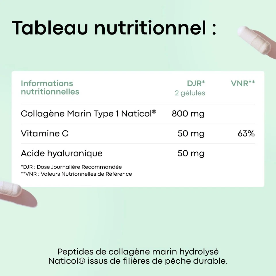 Collagène marin 60 gélules Acide hyaluronique Vitamine C NOVOMA - Photo 3/4