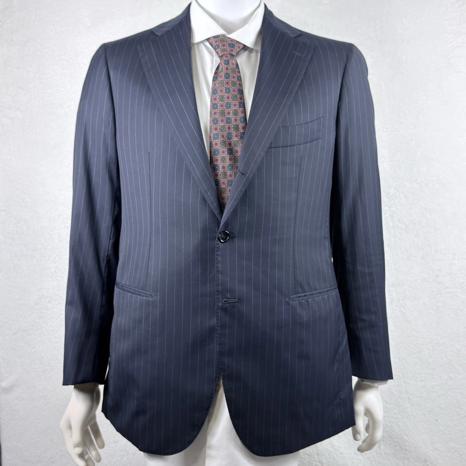 Traje Cesare Attolini Azul Marino Azul Claro Rayas Mezcla de Lana Seda Talla 53IT 43US NUEVO SIN ETIQUETAS Foto 3 de 4