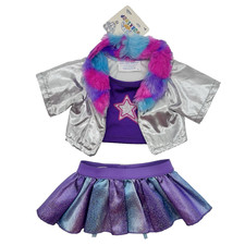 Build A Bear Honey Girls Fur Glitter Silver Purple Sequin Skirt Teddy Set NWT