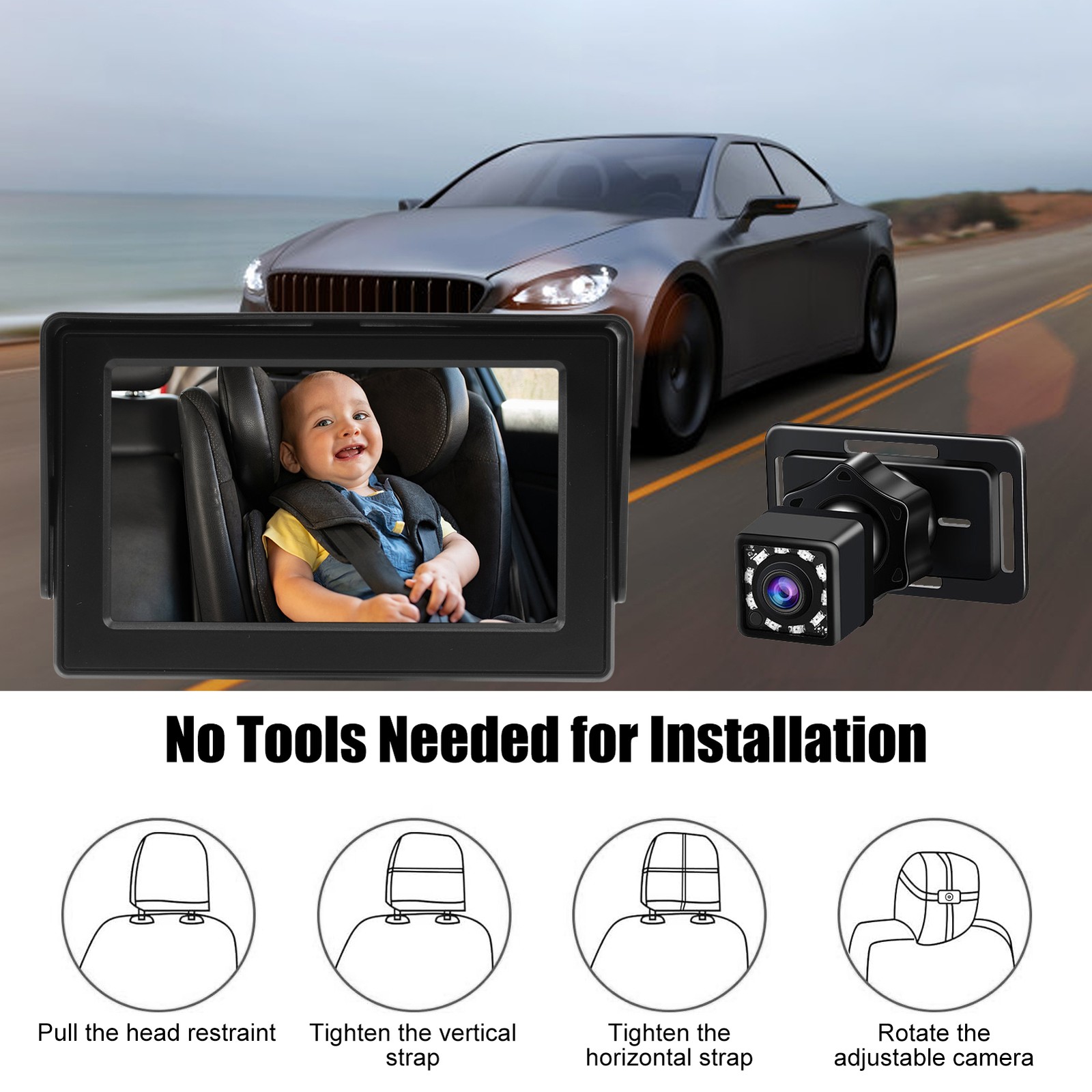 Baby Car Camera 4.3 Baby Monitor With Night Vision 150° Wide Viewing Angle 360°