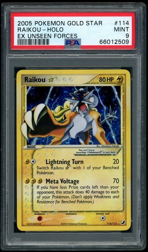 2005 POKEMON GOLD STAR RAIKOU-HOLO UNSEEN FORCES #114 PSA 9 *DOUBLE SWIRL*