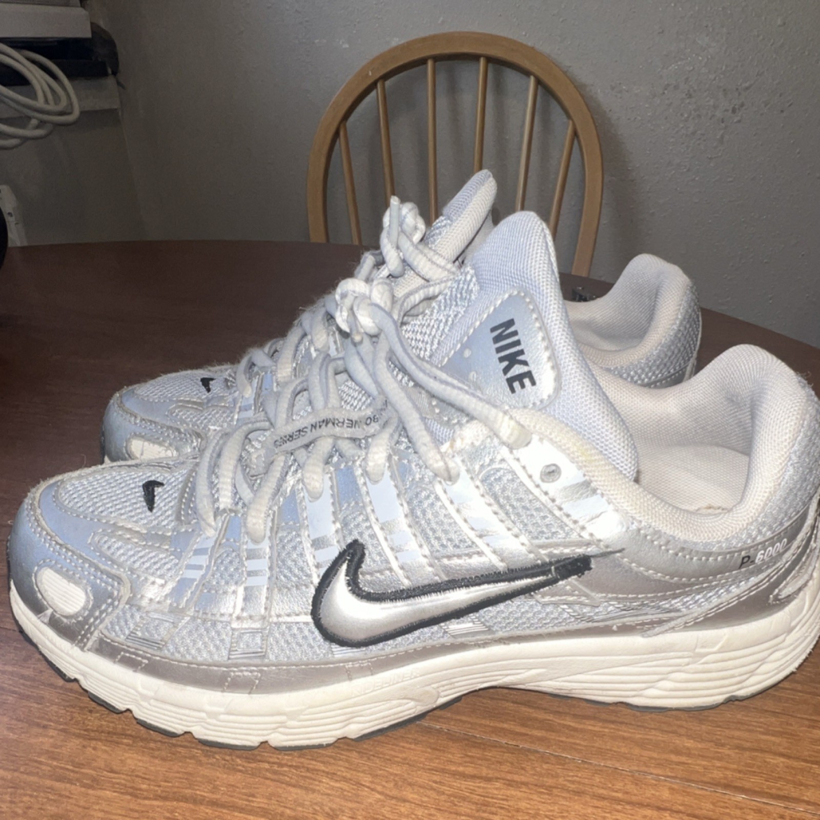 Nike P-6000 Silver White Unisex Kids Athletic Sneakers 4.5Y Synthetic Low Top