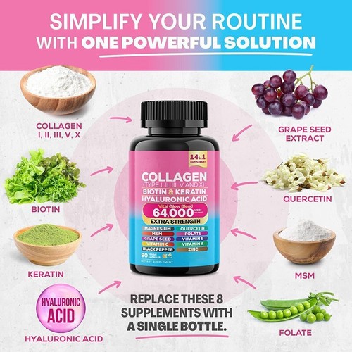 Peptidi di Collagene Tipo I II III V X - Biotina, Cheratina, Acido Ialuronico 64.000MCG - Foto 3 di 7