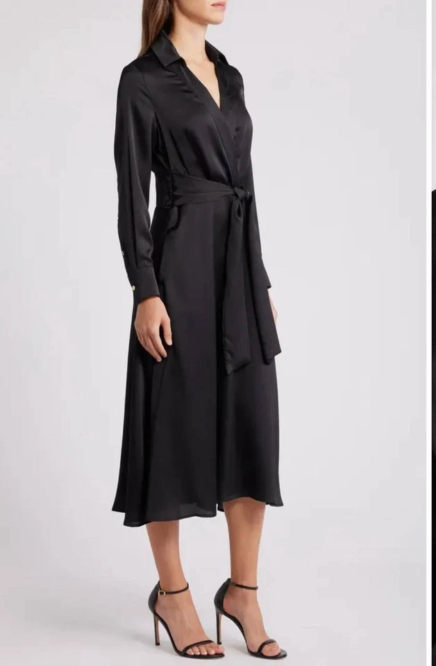 Vestido Camisa Tahari ASL Para Mujer Negro Satinado Manga Larga Sobrepelliz Autoatado Talla 10 Foto 3 de 4