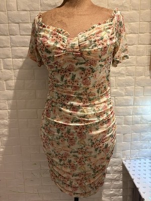 Windsor Women s Ivory Pink Green Floral Sweetheart Ruched Mesh Zip Dress L