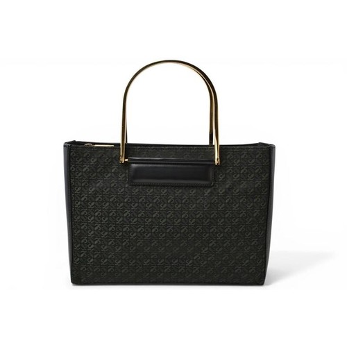 LOEWE Vintage Anagram Metal Handle Green Black Canvas Leather Bag Auth