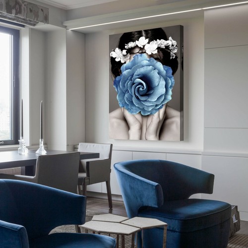 Blue White Flower Face Grey Framed Canvas Wall Art Print Abstract Wall Prints - Picture 7 of 10