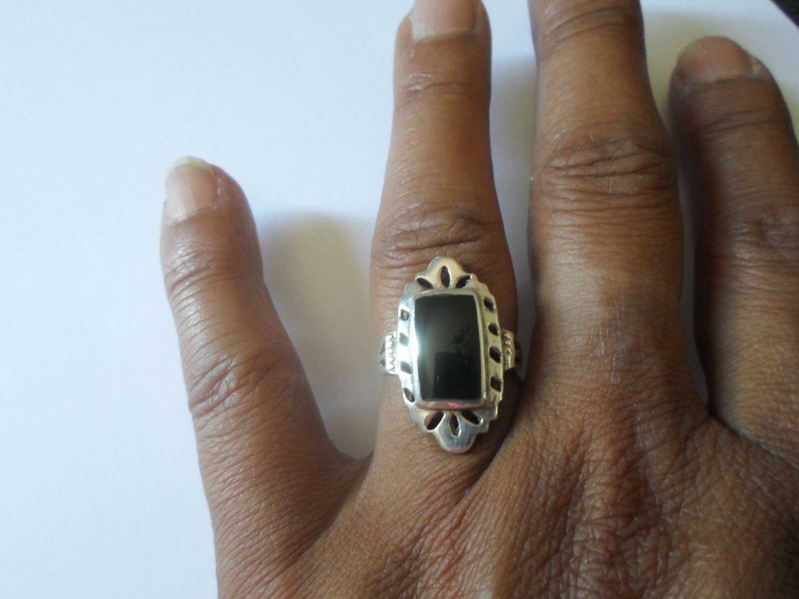 solid silver ring, onyx rectangle, openwork outli… - image 2