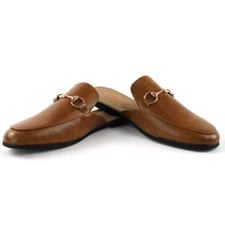 Men Cognac Brown Leather Backless Slip On Mule Gold Buckle Loafers Shoes AZARMAN