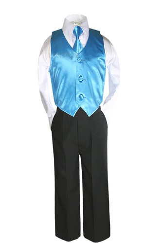 Hermosala Teens Boy 4pc set Formal Black Pants Long Tie Color Vest Outfit S-20 - Picture 6 of 15
