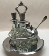 Condiment Ribbed Glass Cruet Set Salt Pepper Oil Vinegar Mustard Benedict Vtg