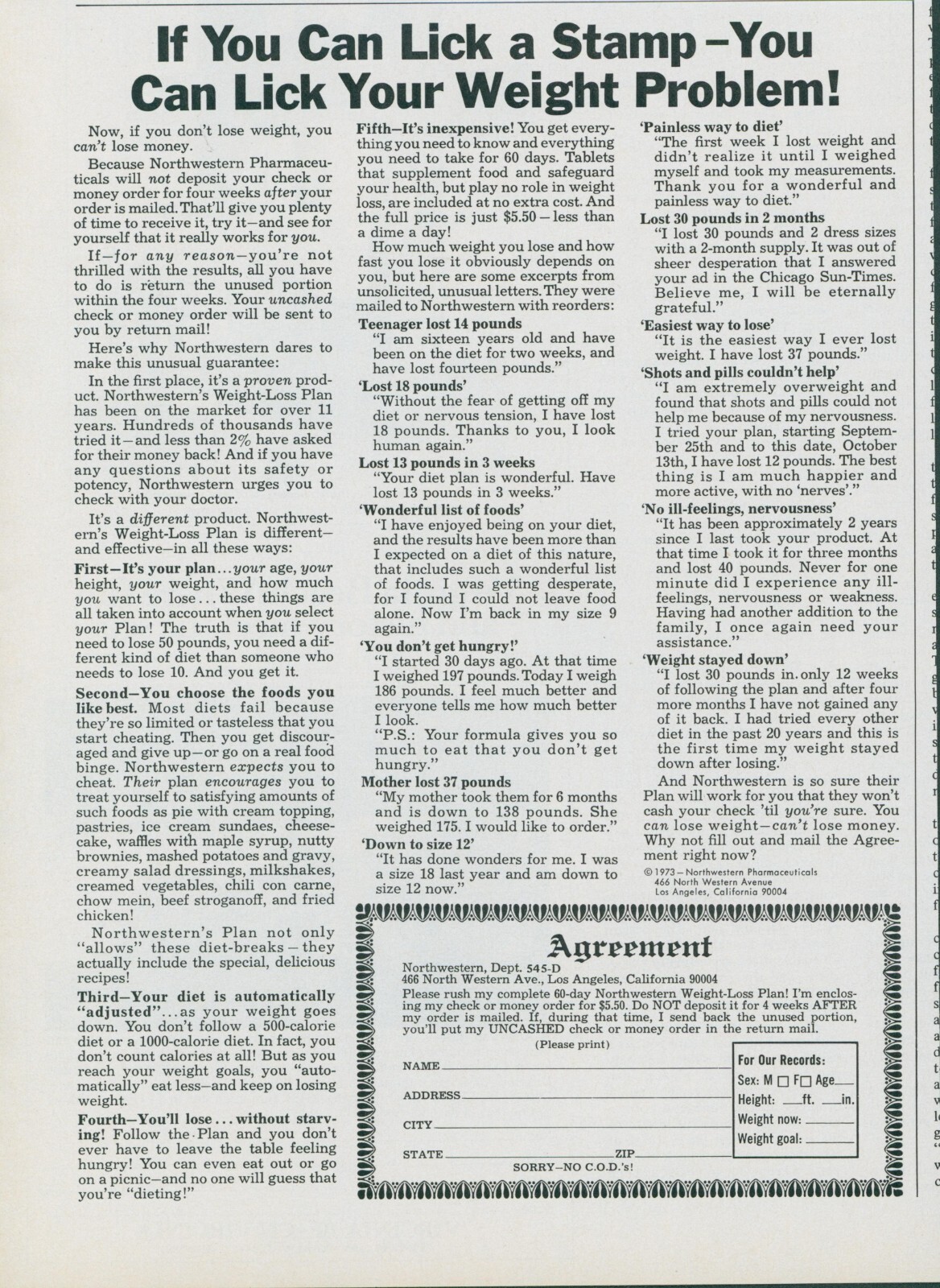 1973 Northwestern Pharmaceuticals Weight Loss Plan Lick Stamp Print Ad SP6