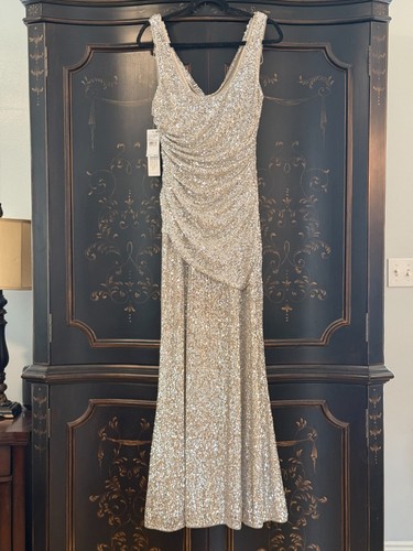 $395 Aidan Mattox Stretch Sequin Sleeveless Cowl Neck Gown | Champagne Silver 8 - Picture 16 of 21