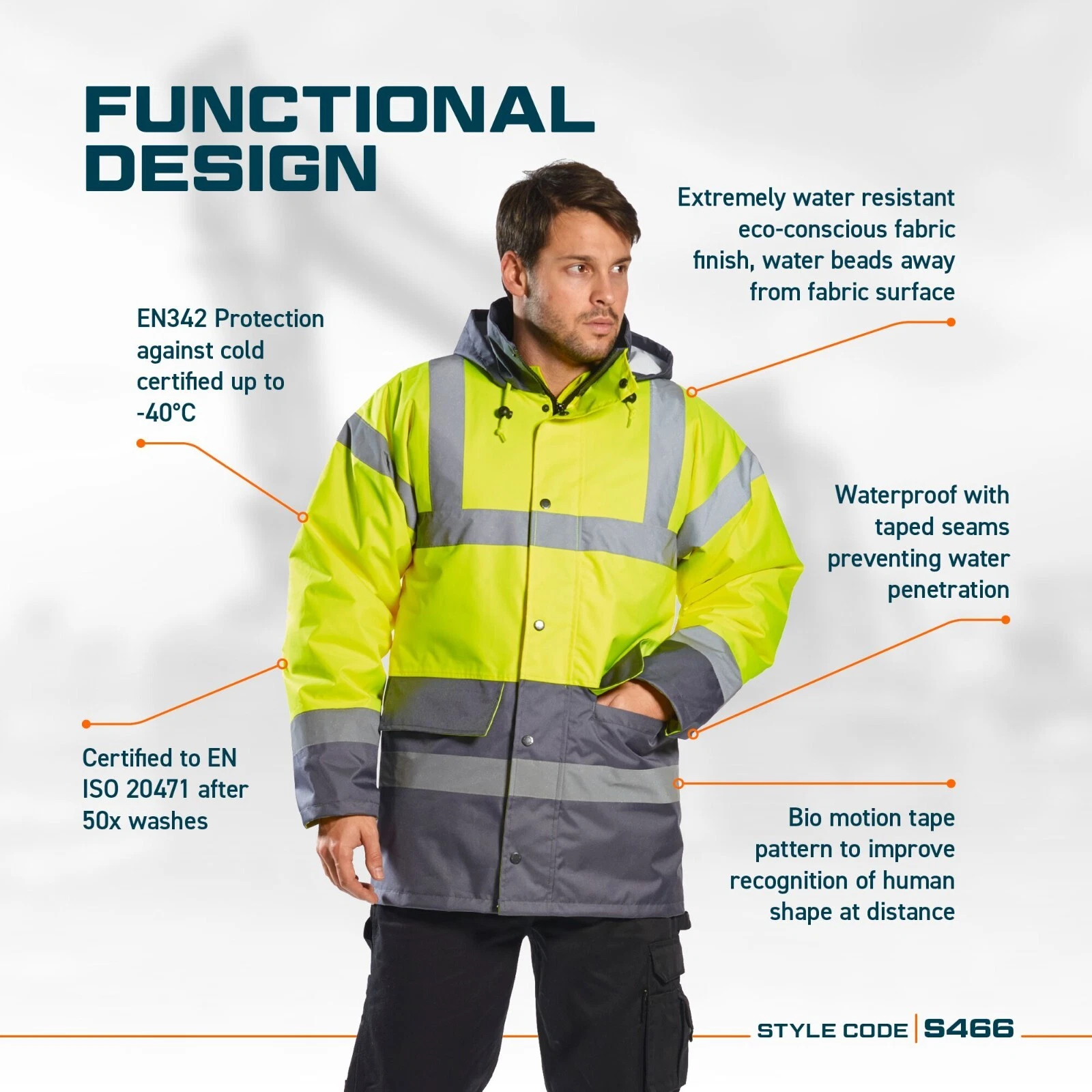 Portwest US466 Mens Waterproof Hi Vis Traffic Jacket Reflective Safety Coat image 2
