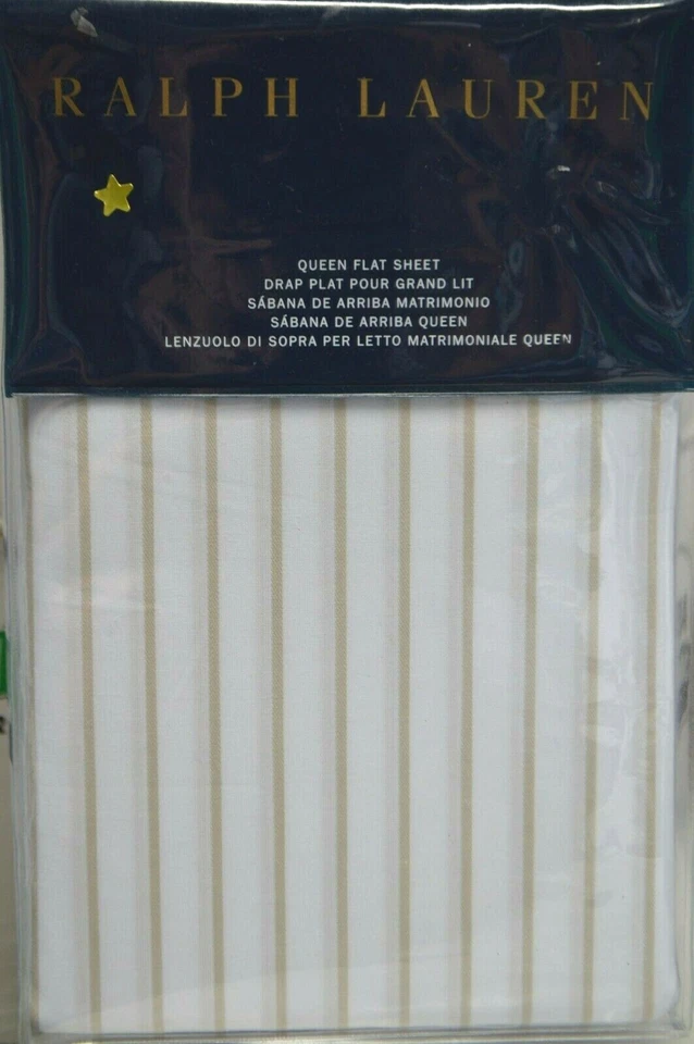 RALPH LAUREN QUEEN FLAT SHEET PRESCOT STRIPE COLOR WHITE/SILVER NIP