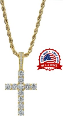 Collar de Cruz Colgante Chapado en Oro 14k Cadena Cubana 24'' Moda Hip Hop Unisex