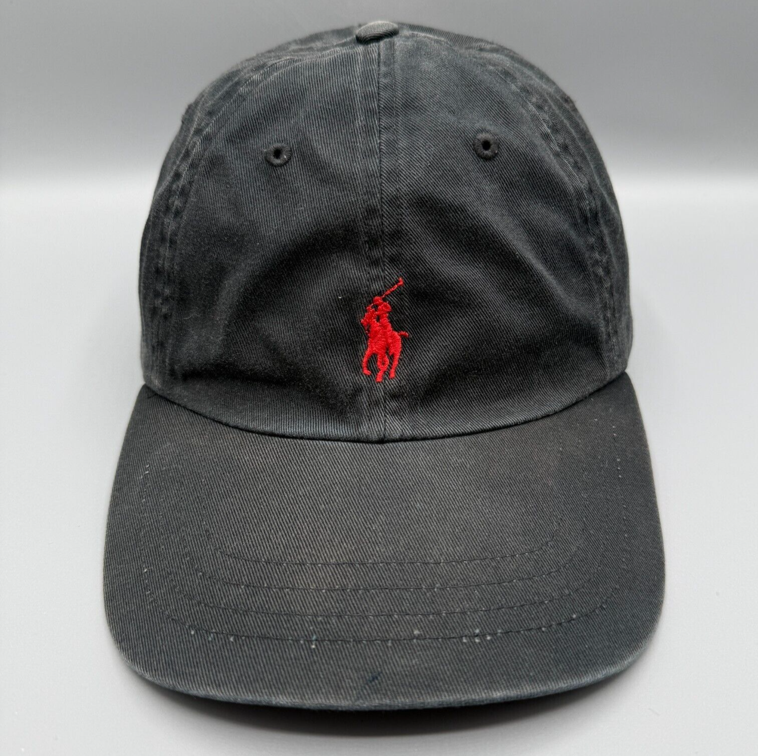 Polo Ralph Lauren Cappello Berretto Sbiadito Nero Regolabile Rosso Pony Macchiato Cinghia Schienale