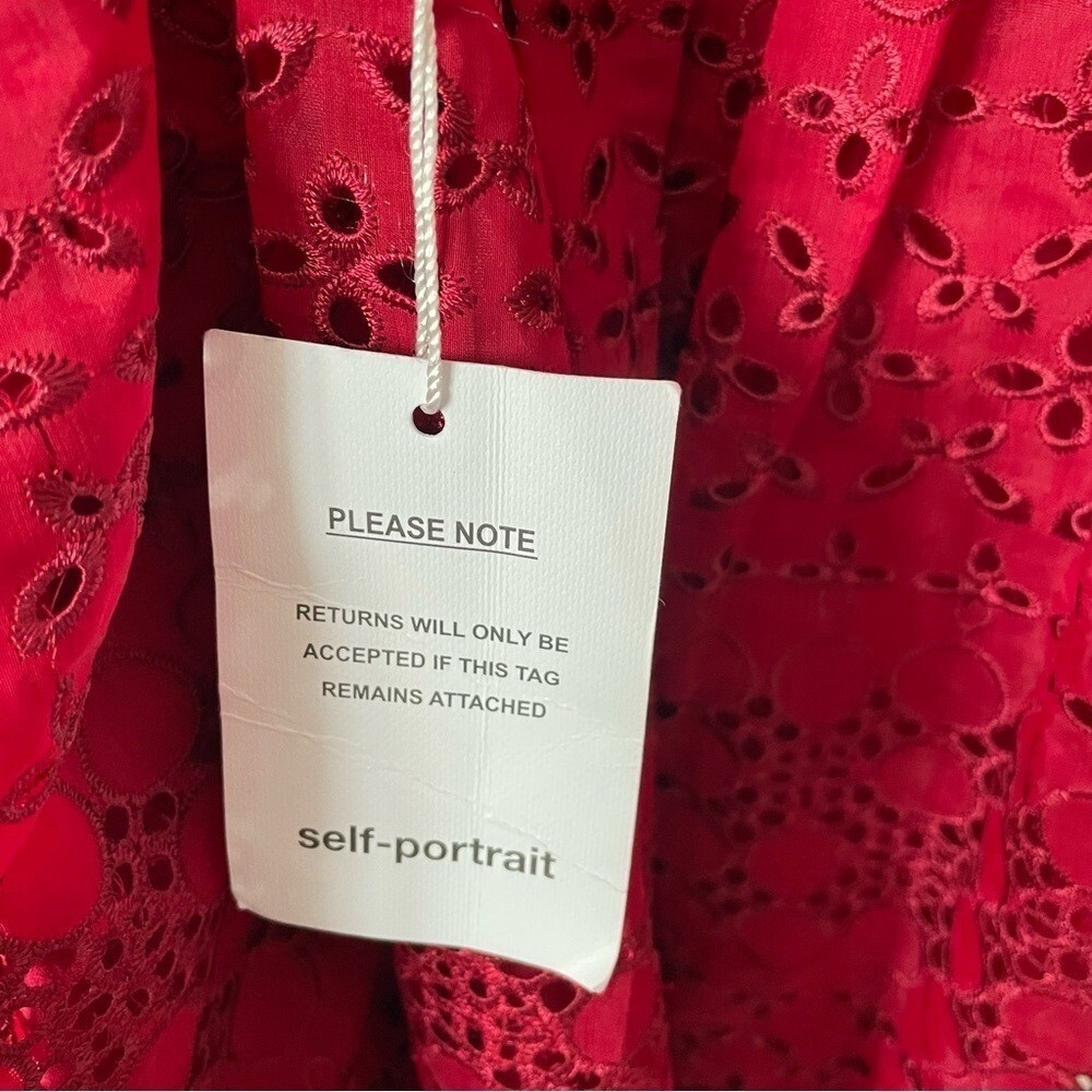 Self Portrait Openwork Lace Eyelet V Neck Sheared Dress Raspberry Red Size 6 image 8