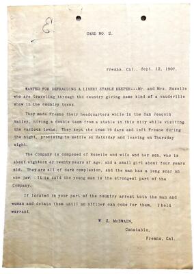 1907 Wanted Poster Defrauding A Livery Stable Keeper Vaudeville Show Antique